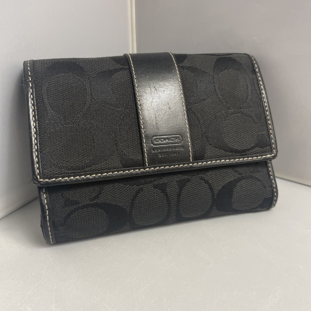 COACH Tri Fold Wallet Black Signature Jacquard & Black Leather Snap Button